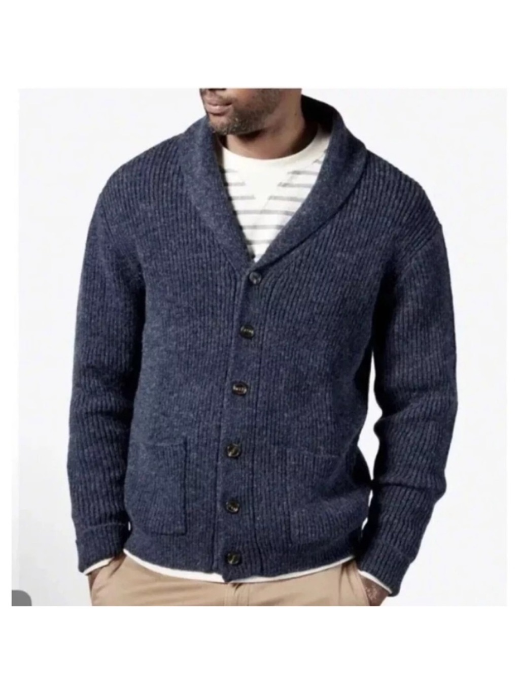 Men's 100% Wool Shawl Collar Button-Front Cardigan Sweater - Navy Blue